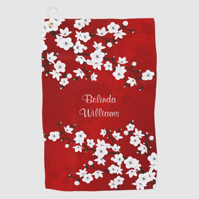 Red Black and White Cherry Blossoms Golf Towel (Front)