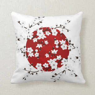 Red Black And White Cherry Blossoms Rising Sun Cushion