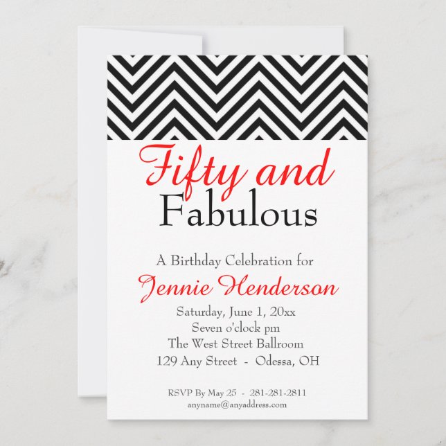 Red, Black, and White Chevron Birthday Invitation (Front)