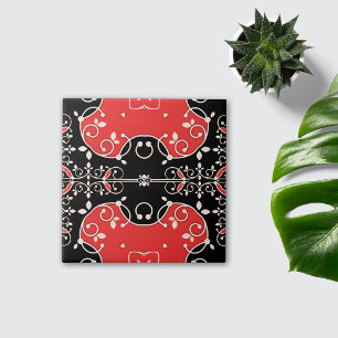 Red Black and White Classic Elegant Leafy Ornate Ceramic Tile
