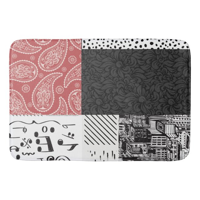 Red, black and white collage bath mat (Front)
