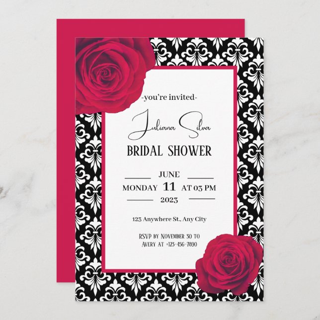 Red Black and White damask bridal shower Invitation (Front/Back)
