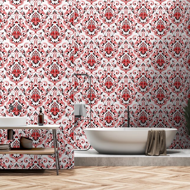 Red Black and White Damask Floral peel and stick Wallpaper (Bathroom)