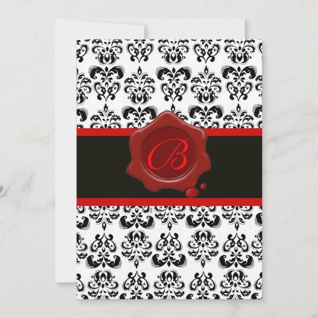 RED, BLACK AND WHITE DAMASK ,WAX SEAL MONOGRAM INVITATION (Front)