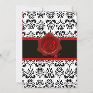 RED, BLACK AND WHITE DAMASK ,WAX SEAL MONOGRAM INVITATION