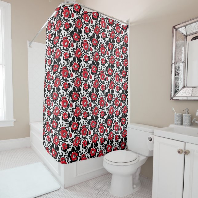 Red, Black and White Flowers Pattern Shower Curtain (In Situ)