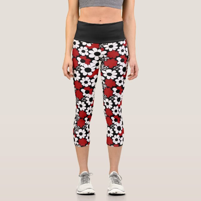 Red, Black and White Flowers Whimsical Capri Leggings (Front)