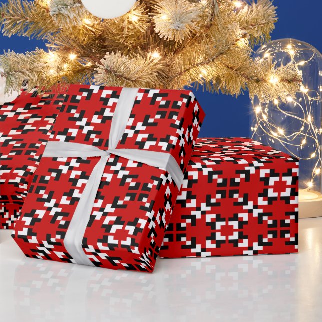 Red, Black, and White Geometric Pixel pattern Wrapping Paper (Holidays)