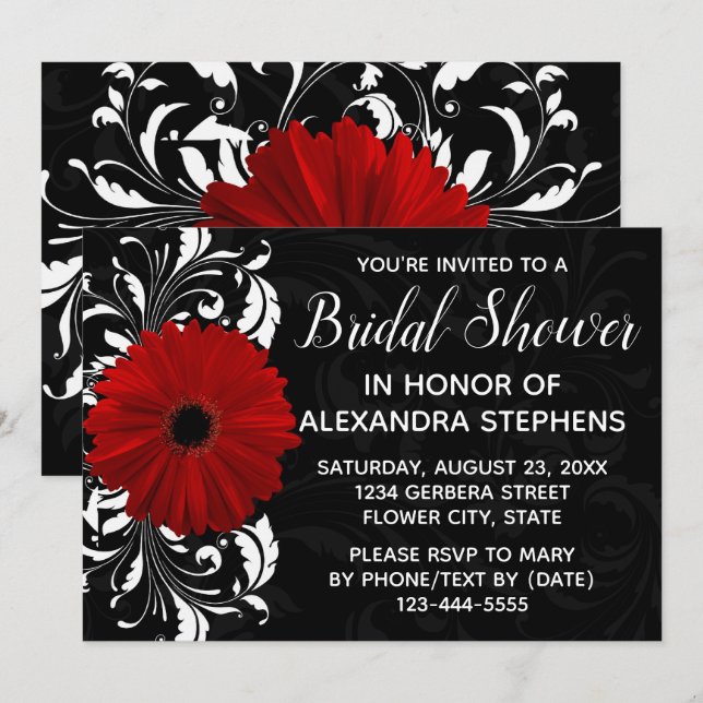 Red Black and White Gerbera Daisy Bridal Shower Invitation (Front/Back)