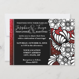 Red Black and White Glitter Sparkle Floral Wedding Invitation