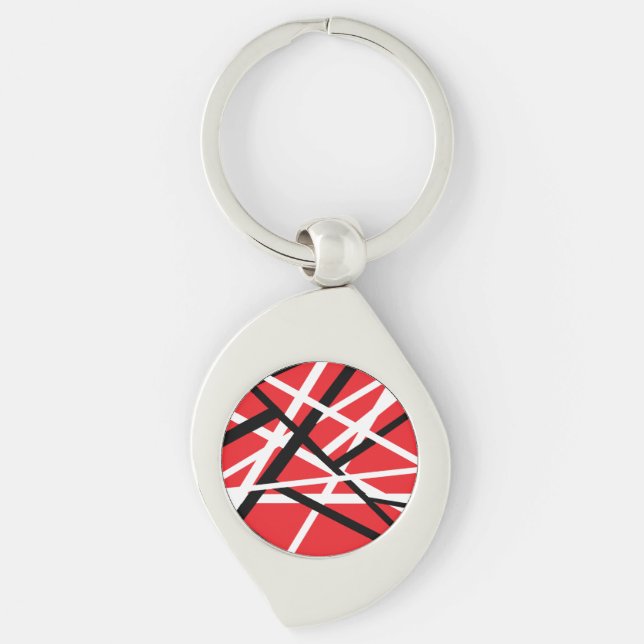 red, black, and white graphic key ring (Front)