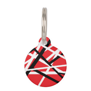 red, black, and white graphic pet tag
