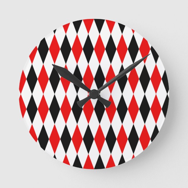Red Black and White Harlequin Diamonds Pattern  Round Clock (Front)