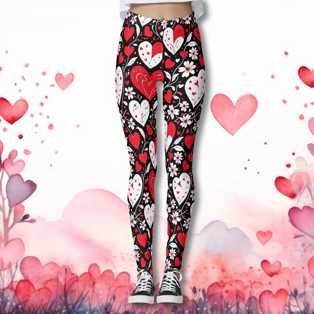 Red, Black and White Hearts and Flowers Pattern Leggings (Creator Uploaded)