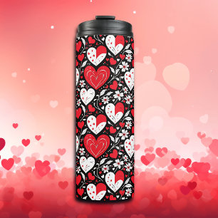 Red, Black and White Hearts and Flowers Pattern Thermal Tumbler