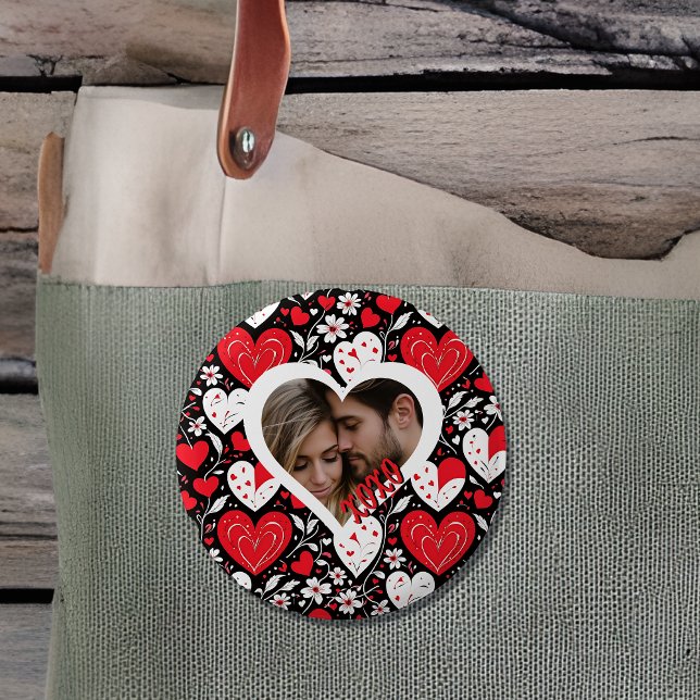 Red, Black and White Hearts and Flowers Photo 6 Cm Round Badge (Creator Uploaded)