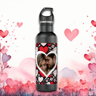Red, Black and White Hearts and Flowers Photo 710 Ml Water Bottle