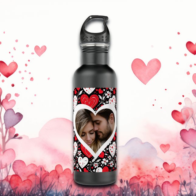 Red, Black and White Hearts and Flowers Photo 710 Ml Water Bottle (Creator Uploaded)