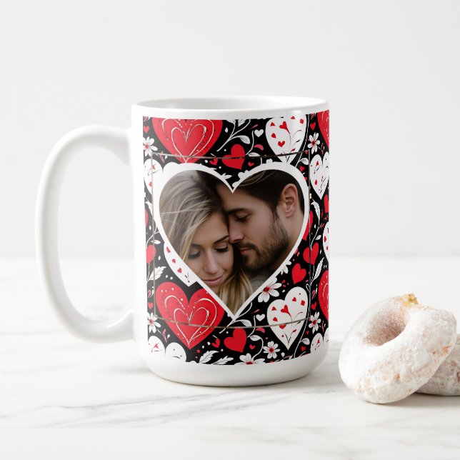Red, Black and White Hearts and Flowers Photo Coffee Mug (With Donut)