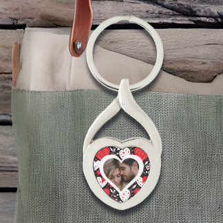 Red, Black and White Hearts and Flowers Photo Key Ring