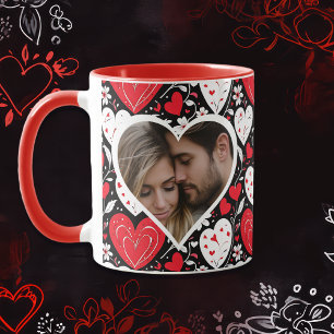 Red, Black and White Hearts and Flowers Photo Mug
