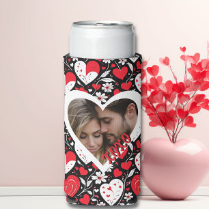 Red, Black and White Hearts and Flowers Photo Seltzer Can Cooler