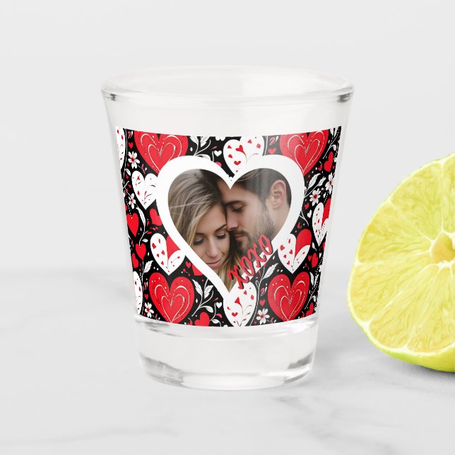 Red, Black and White Hearts and Flowers Photo Shot Glass (Front)