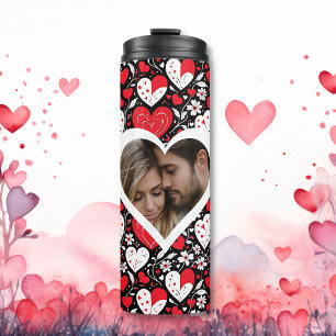 Red, Black and White Hearts and Flowers Photo Thermal Tumbler