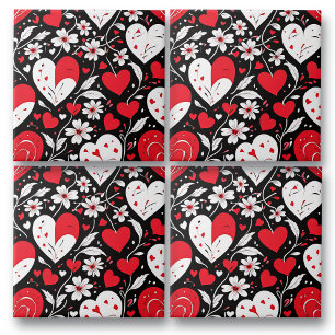 Red, Black and White Hearts and Flowers Romantic Ceramic Tile