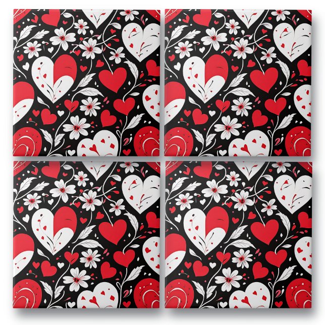 Red, Black and White Hearts and Flowers Romantic Ceramic Tile (Creator Uploaded)
