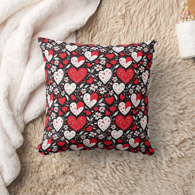 Red, Black and White Hearts and Flowers Romantic Cushion (Blanket)