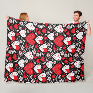 Red, Black and White Hearts and Flowers Romantic Fleece Blanket