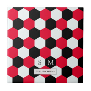 Red, Black and White Hexagons Monogram Ceramic Tile
