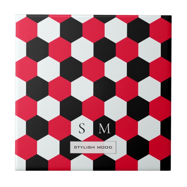 Red, Black and White Hexagons Monogram Ceramic Tile (Front)