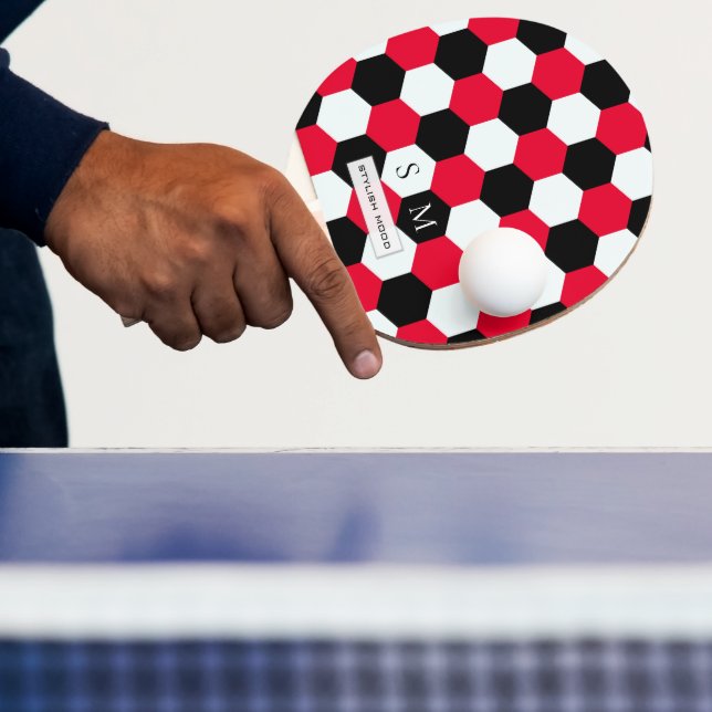 Red, Black and White Hexagons Monogram Ping Pong Paddle (Insitu)