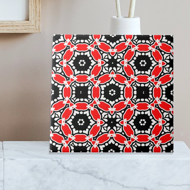 Red Black and White Kaleidoscopic Mosaic Pattern Ceramic Tile (Creator Uploaded)