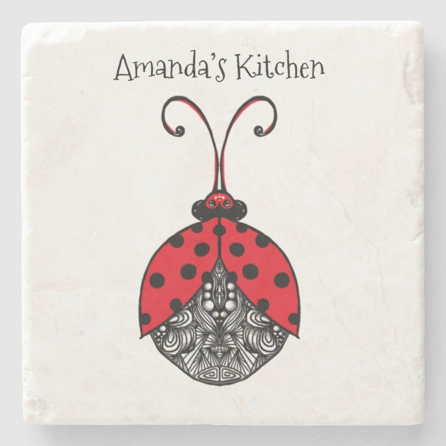 Red black and white line tangle ladybug stone coaster (Front)