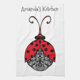Red black and white line tangle ladybug tea towel