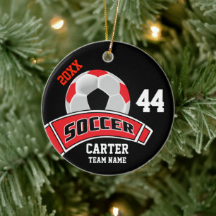 Red, Black and White Personalize Soccer  ⚽ Ceramic Ornament