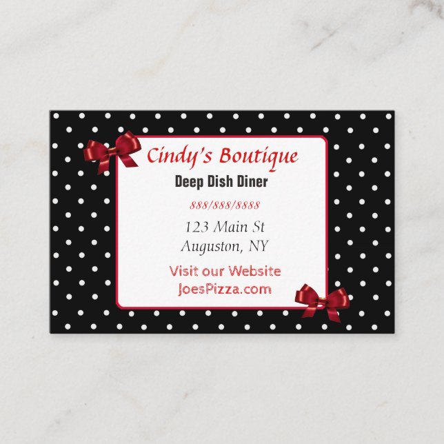 Red, Black and White Polka Dot Bow Business Card (Front)