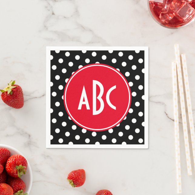 Red Black and White Polka Dot Monogram Napkin (Insitu)