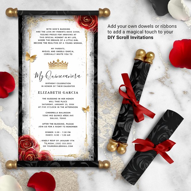 Red Black and White Quince DIY Scroll Invitations (DIY scrolls do not come with dowels. Add your own or roll up with a ribbon for an elegant touch!)