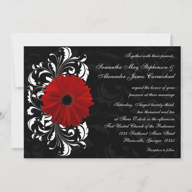 Red, Black and White Scroll Gerbera Daisy Invitation (Front)