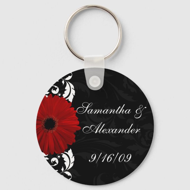 Red, Black and White Scroll Gerbera Daisy Key Ring (Front)