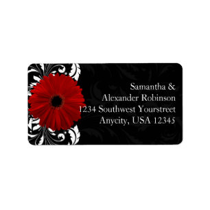 Red, Black and White Scroll Gerbera Daisy Label