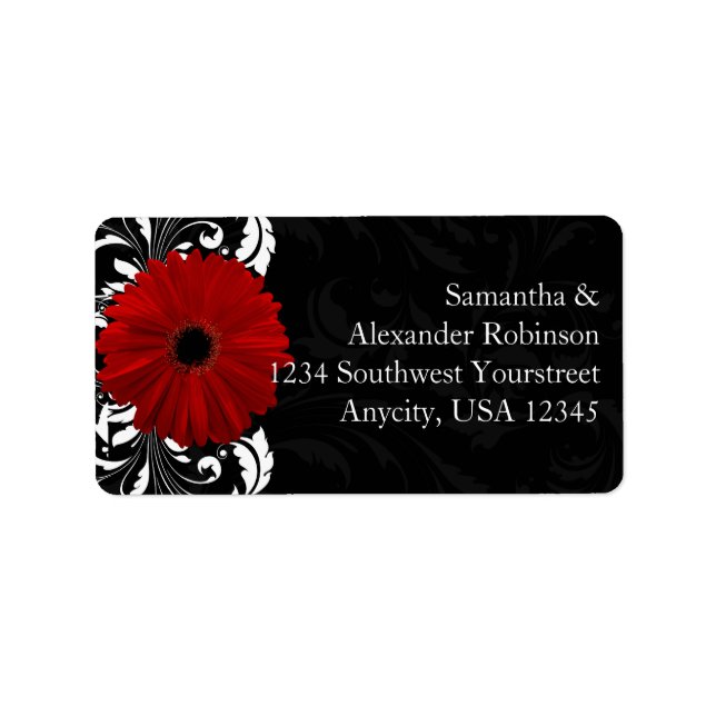 Red, Black and White Scroll Gerbera Daisy Label (Front)