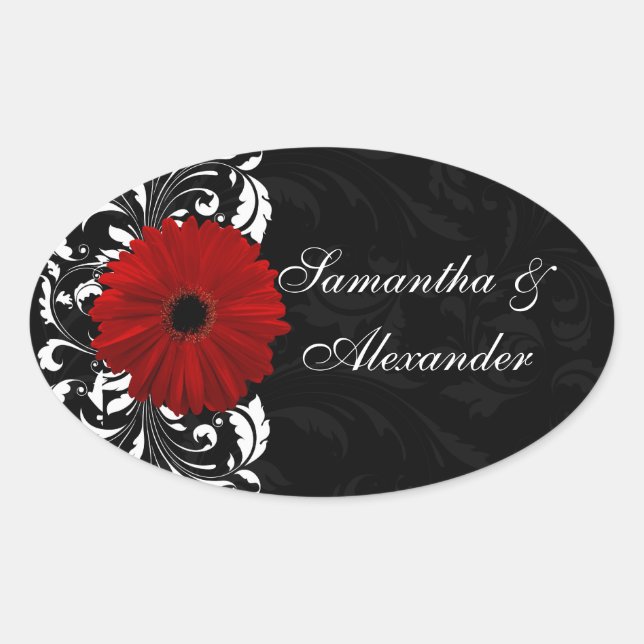 Red, Black and White Scroll Gerbera Daisy Oval Sticker (Front)