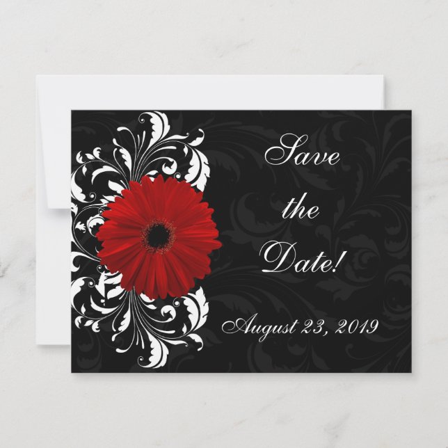 Red, Black and White Scroll Gerbera Daisy Save The Date (Front)