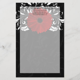 Red, Black and White Scroll Gerbera Daisy Stationery