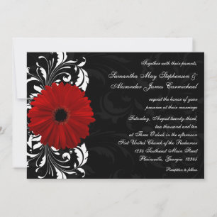 Red, Black and White Scroll Gerbera Daisy Wedding Invitation